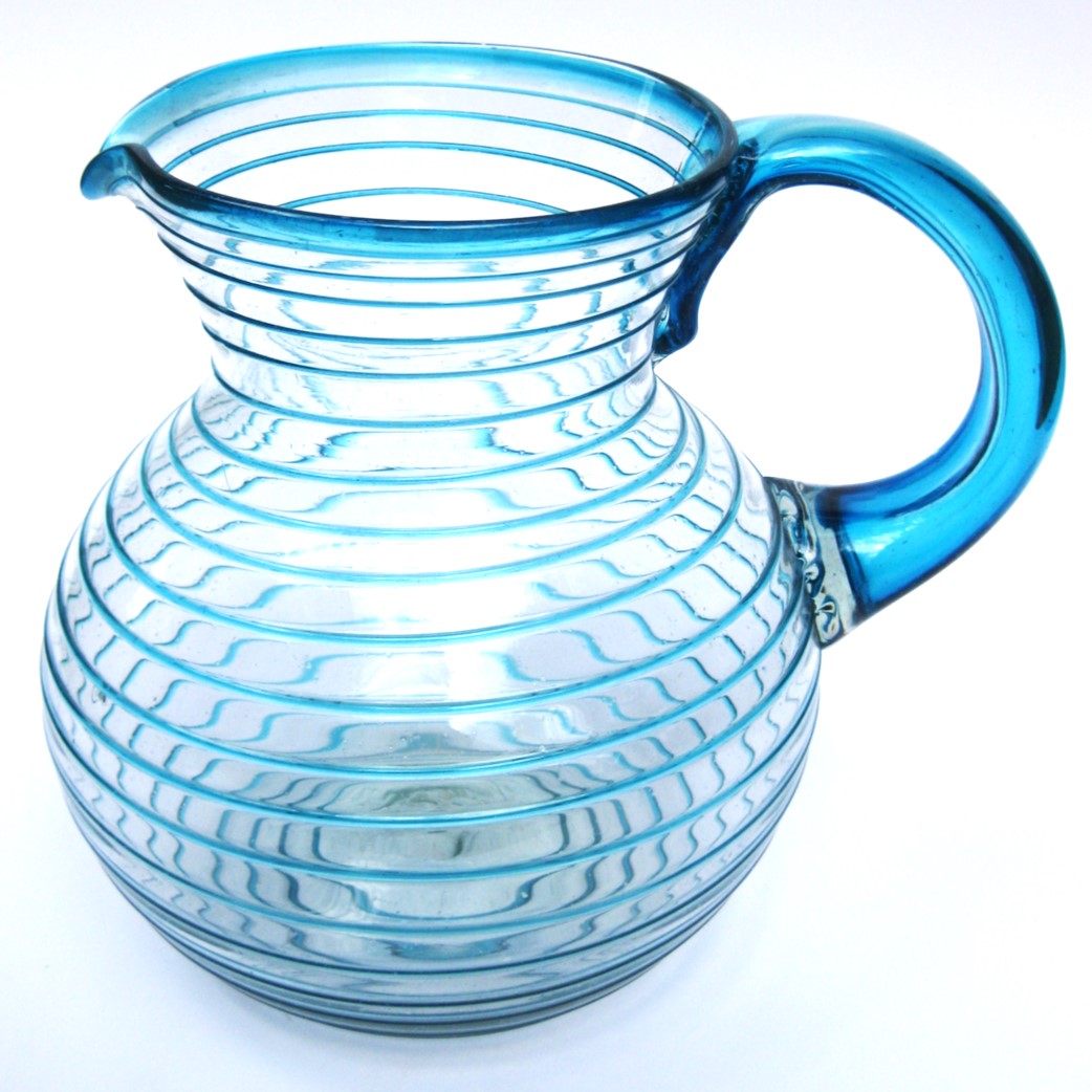 VIDRIO SOPLADO / Jarra de vidrio soplado con espiral azul aqua, 120 oz, Vidrio Reciclado, Libre de Plomo y Toxinas